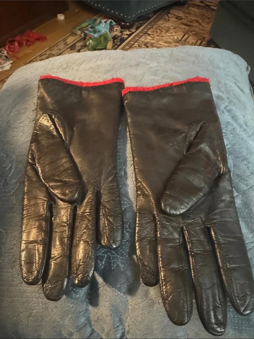 Women's Black Leather Gloves with Red Trim - Sleek Winter Style